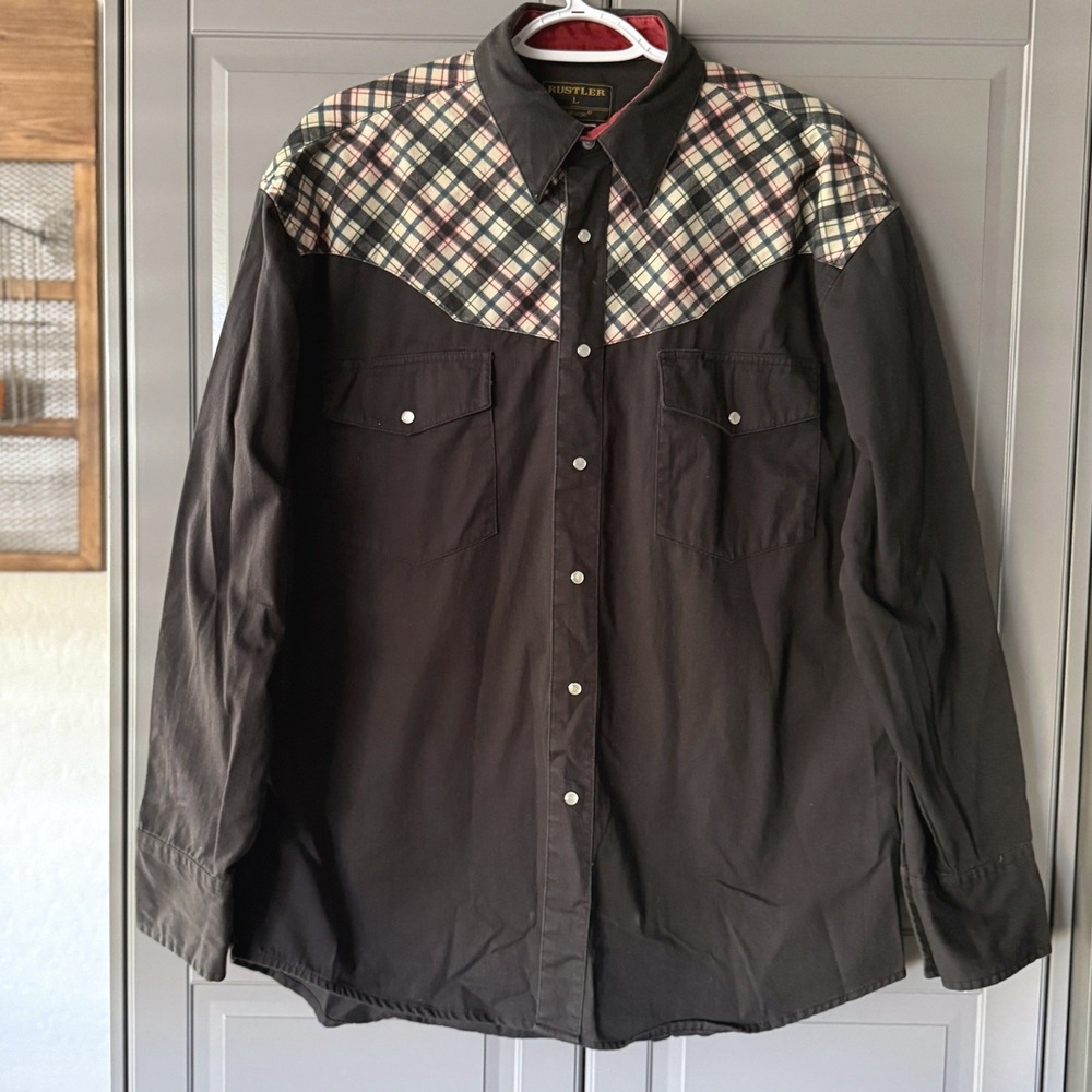 Wrangler Rustler‎ Vintage Western Brushpopper Plaid Yoke Snap LS Shirt, Black,L
